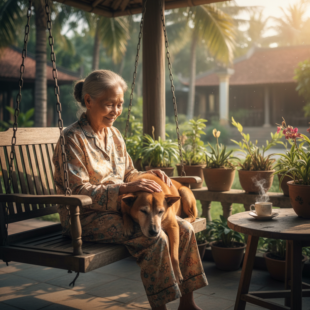 Photorealistic 4K image, a gentle elderly Vietnamese woman sitting on a wooden porch, lovingly petting her old Phu Quoc Ridgeback dog. The dog is resting its head on her lap. Warm, soft morning light.
