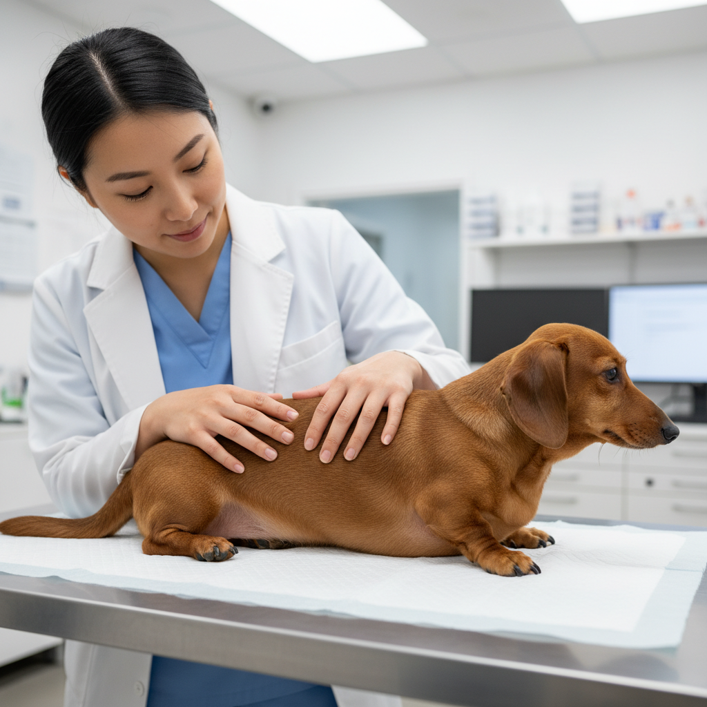 A compassionate female Asian veterinarian is gently palpating the bloated, sagging belly of a Dachshund dog on an examination table. The clinic is clean, modern, and brightly lit. Photorealistic 4k image, focused on the vet's caring hands and the dog's abdomen.