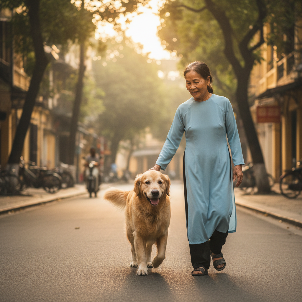A heartwarming, real-life 4k shot of an elderly Golden Retriever dog moving a bit stiffly but happily alongside its loving Vietnamese owner on a quiet street in Hanoi. The owner is petting the dog gently.