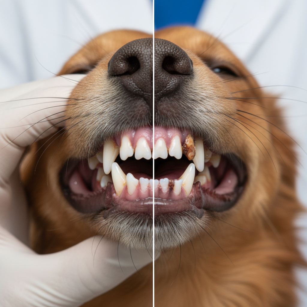 Educational, close-up photograph showing the progression of dental disease in a dog's mouth. One side shows mild plaque and gingivitis (red gums), the other side shows severe tartar buildup and gum recession. Not overly graphic, but clear for educational purposes. 4k, realistic.