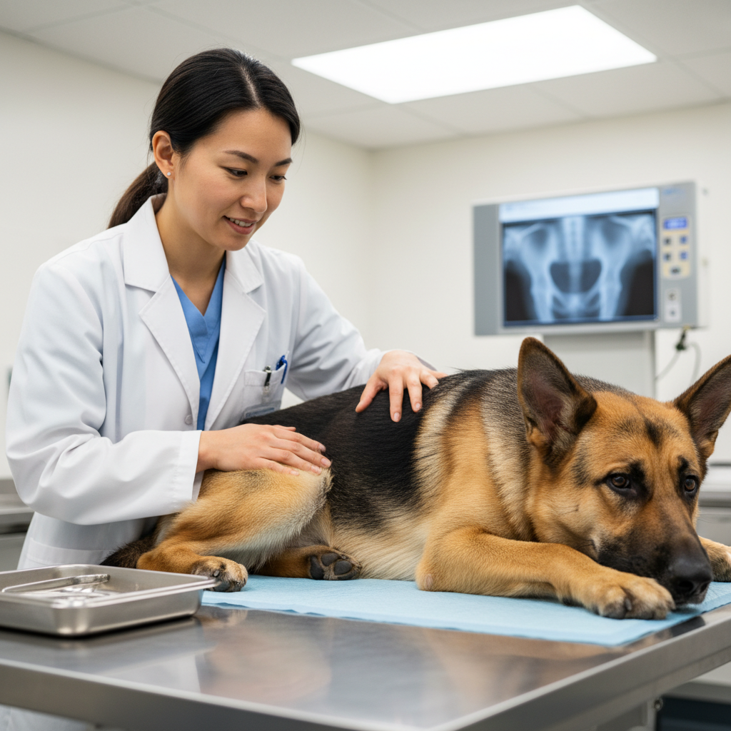 Photorealistic, clinical setting, 4k, close-up of a compassionate Asian female veterinarian gently examining the hip joint of a large German Shepherd dog on an examination table. The dog looks calm. The focus is on professional care and diagnosis.
