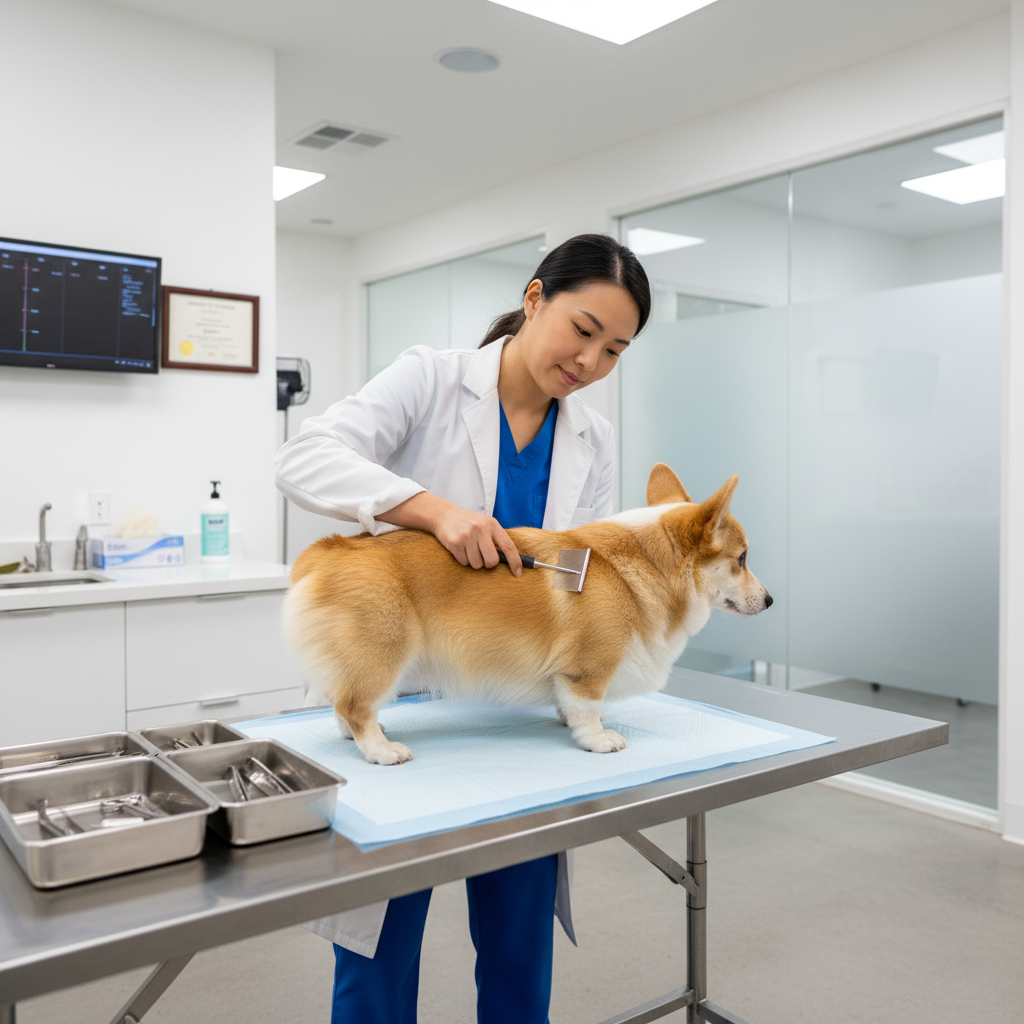 An Asian veterinarian is gently examining the fur of a Corgi on an examination table. The vet is using a flea comb to check for parasites. Professional and clean veterinary clinic setting, 4k.