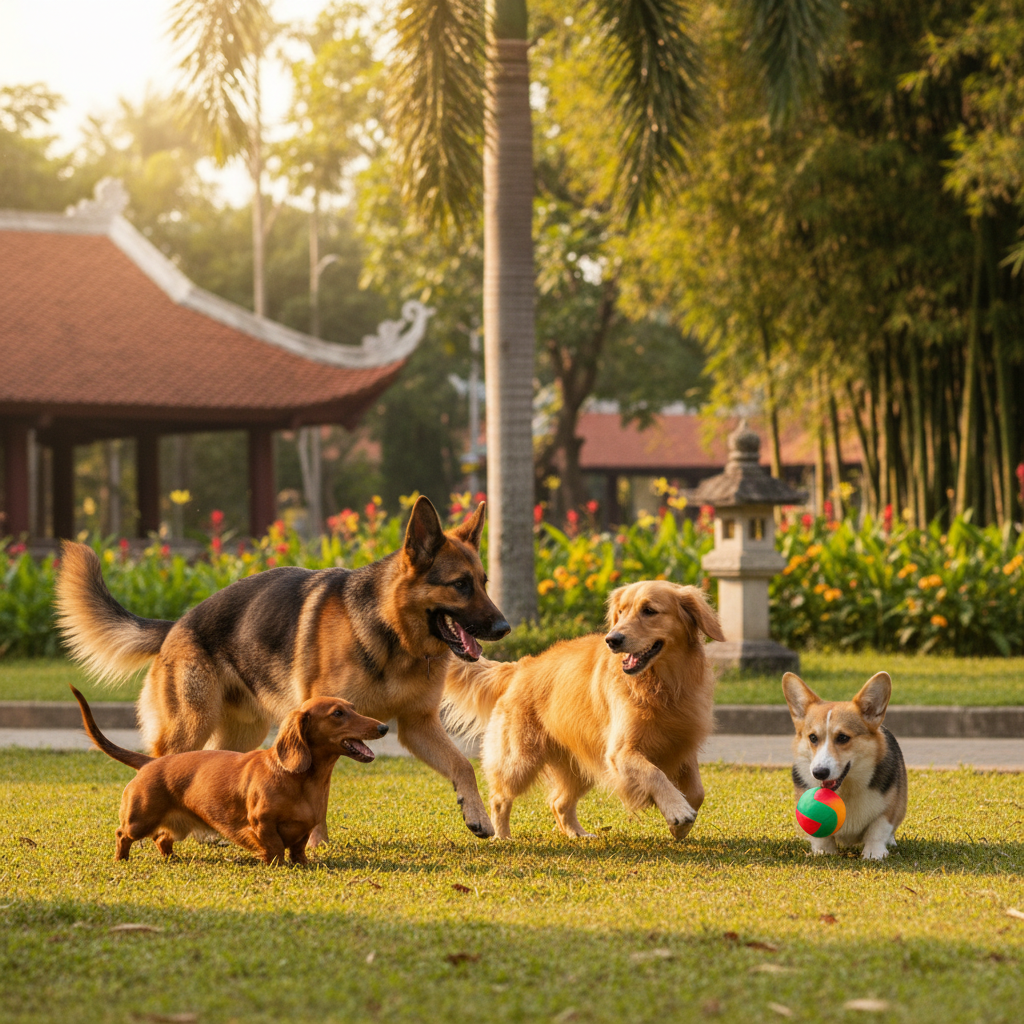 Photorealistic 4k shot of a group of diverse dog breeds (German Shepherd, Golden Retriever, Dachshund, Corgi) playing happily in a sunny Vietnamese park, highlighting their different body structures and sizes.