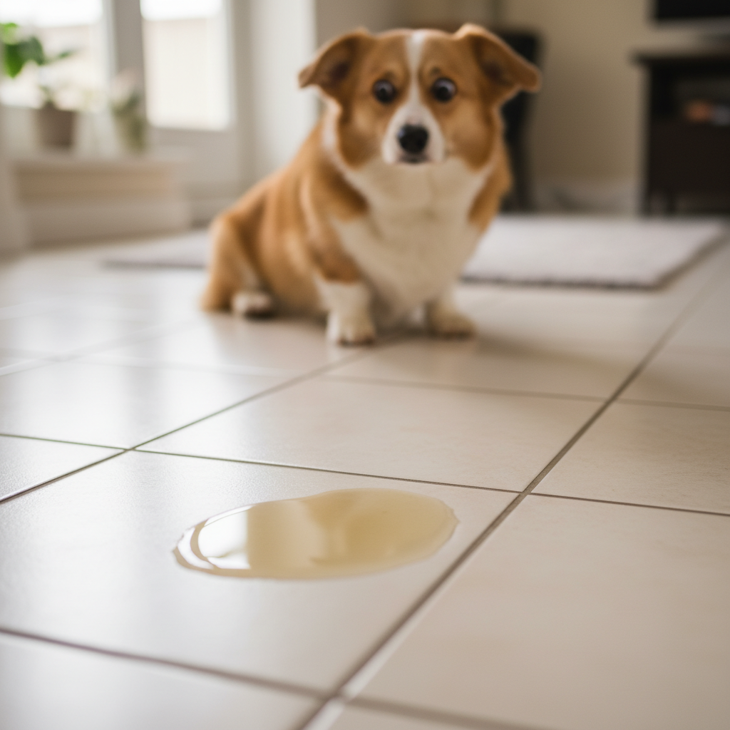 A photorealistic, 4k, close-up shot of a small puddle of urine on a clean, light-colored tiled floor inside a house. In the soft-focus background, a Corgi looks on with a confused or slightly distressed expression. Natural indoor lighting.
