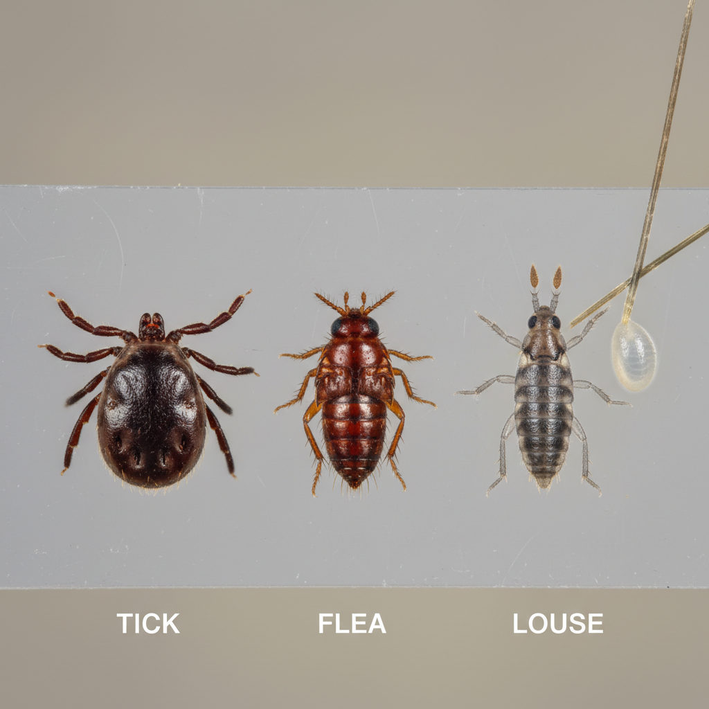 A detailed, macro photograph of a tick, a flea, and a louse side-by-side on a neutral surface for comparison. Shot in a clinical, educational style, 4k, real-life.