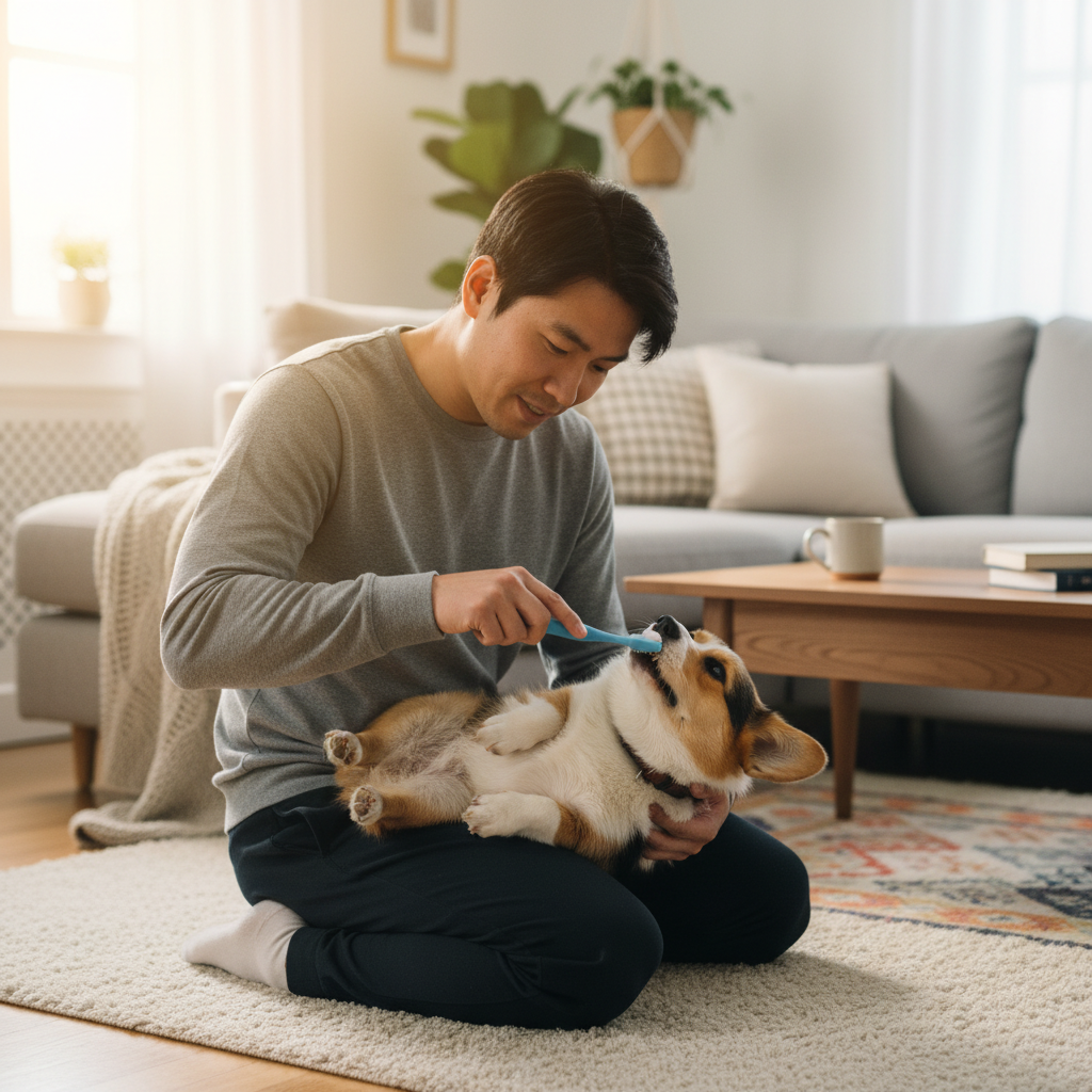 Real-life, 4k, candid shot of a young Asian man sitting on the floor, patiently and gently brushing the teeth of his calm Corgi dog with a dog-specific toothbrush and toothpaste. The setting is a cozy living room with soft, natural light.