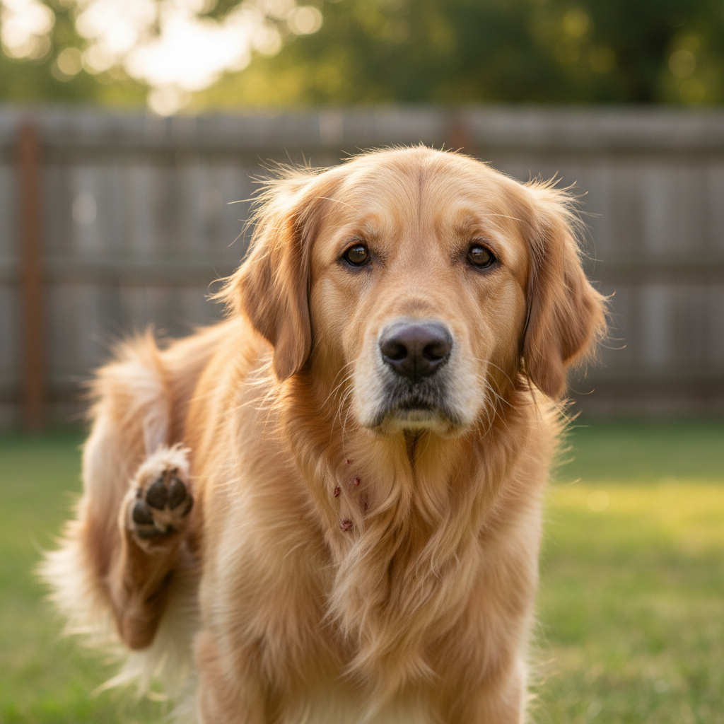 Photorealistic close-up shot of a sad-looking Golden Retriever dog scratching its neck with its hind leg, hinting at discomfort from fleas or ticks, 4k.