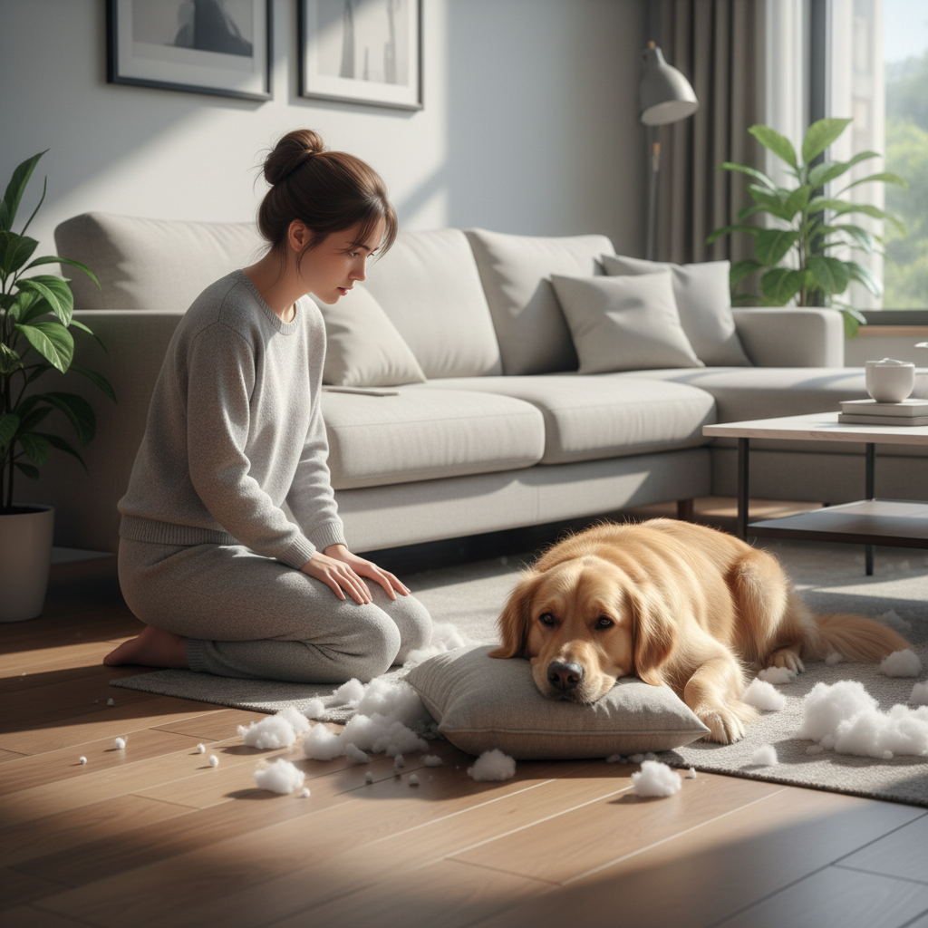 A worried young Vietnamese woman kneels on the floor, looking compassionately at her sad-looking Golden Retriever. The dog has its head down near a chewed-up cushion, with cotton stuffing scattered around. The scene is in a modern, well-lit living room. Photorealistic, 4k, emotional.