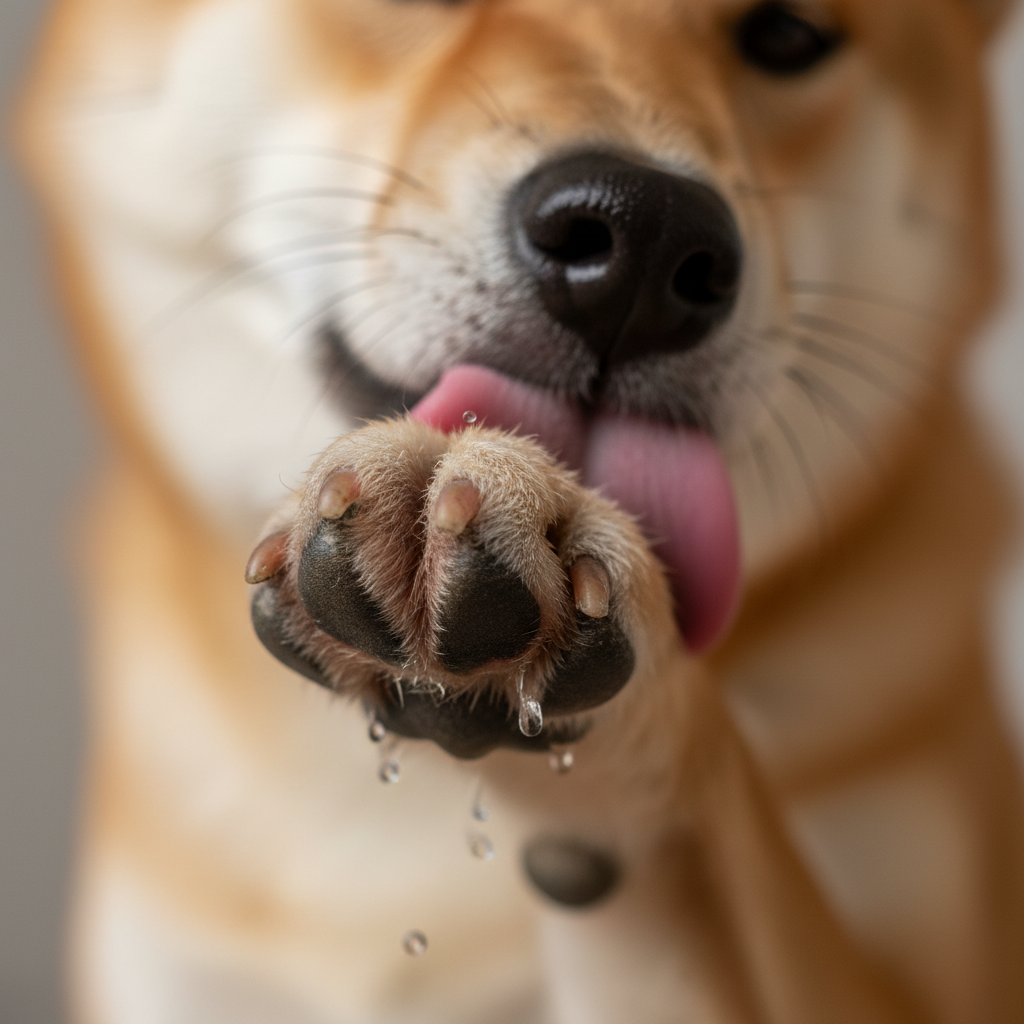 A detailed, macro-style photo showing a Shiba Inu excessively licking its front paw. The fur around the area is damp, and the skin underneath is slightly red and irritated. The shot focuses tightly on the paw, with the rest of the dog blurred in the background. Photorealistic, 4K.