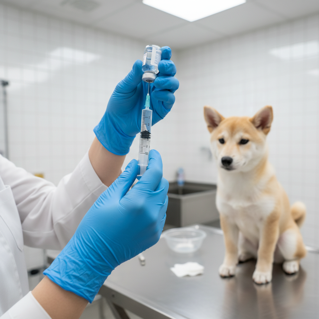 Close-up, photorealistic shot of an Asian female veterinarian's hands wearing sterile blue gloves, carefully drawing a vaccine into a syringe. The background is a clean, modern, and well-lit veterinary clinic. A calm Shiba Inu puppy is sitting on the examination table.