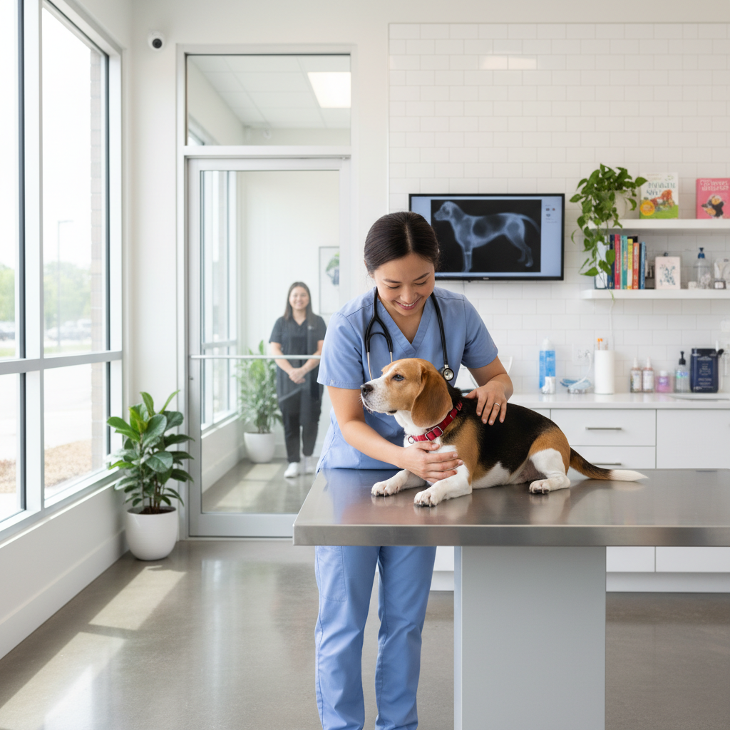 A friendly, professional Asian female veterinarian is gently examining a calm Beagle on a stainless steel examination table. The vet is wearing scrubs and a stethoscope. The veterinary clinic is bright, clean, and modern. Photorealistic, 4k, professional setting.
