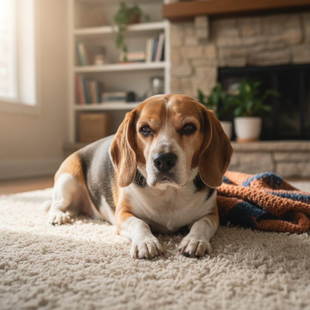 A slightly overweight Beagle with a dull, sparse coat is lying lethargically on a cozy rug in a home setting. The dog looks sleepy and sad. Soft, natural light from a nearby window. Photorealistic, high detail, 4k.
