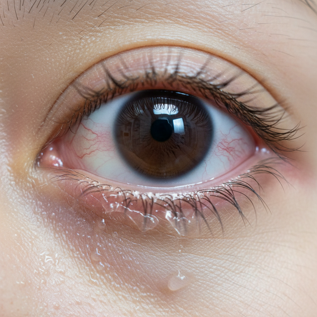Close-up, detailed 4k photorealistic image of an Asian person's eye, showing clear signs of conjunctivitis (pink eye): redness in the sclera, slight swelling, and watery discharge. The lighting is clinical and clear.