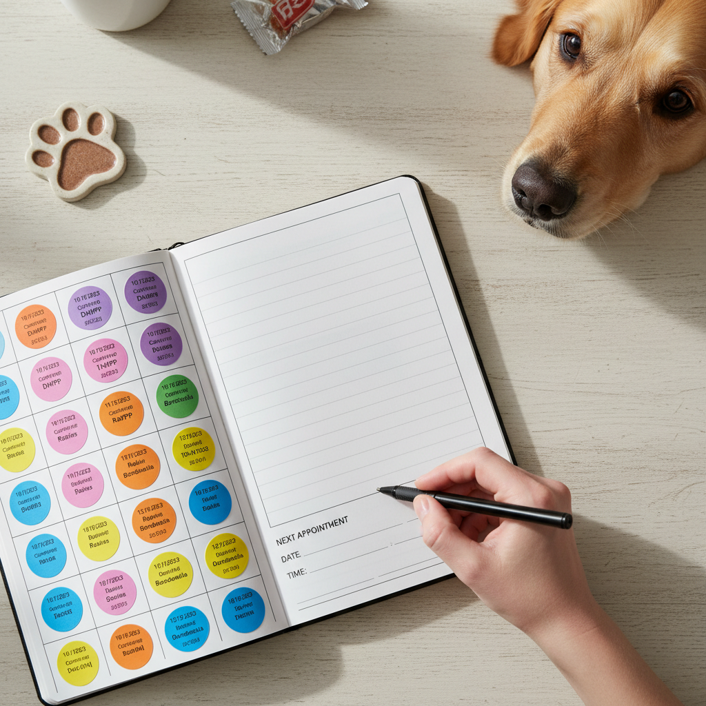 A photorealistic, top-down view of a pet health record book laid open on a wooden table. One page shows vaccination stickers with dates. A hand is holding a pen, about to note down the next appointment. Soft, natural lighting.