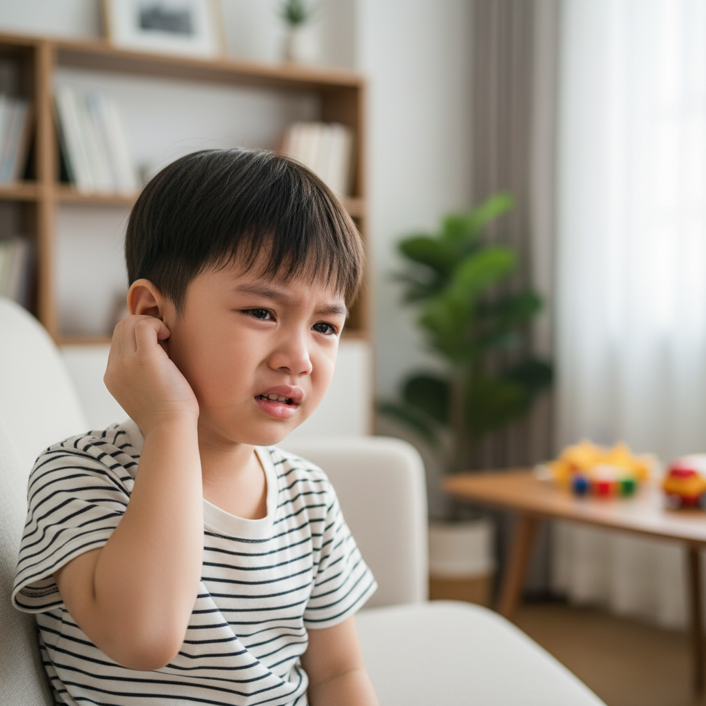 A photorealistic, emotional 4k photo of a young Vietnamese child, around 5 years old, looking distressed and holding a hand over their ear, clearly indicating ear pain. The background is a soft-focused living room.