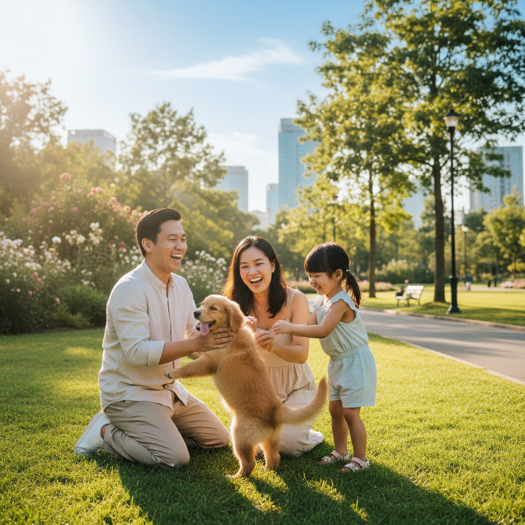 Photorealistic 4k shot of a happy young Vietnamese family playing with a small, healthy golden retriever puppy in a bright, sunlit park. The family is smiling and the puppy looks energetic and joyful.