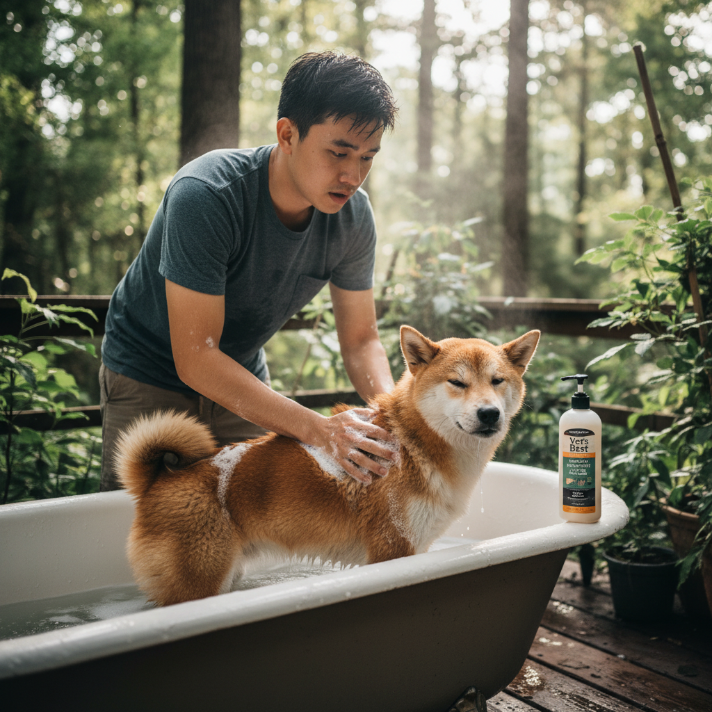 A concerned young Vietnamese man is gently bathing his Shiba Inu dog in a tub outdoors. He is using a special medicated shampoo. The dog looks calm and relieved. Photorealistic, 4K, natural daylight.