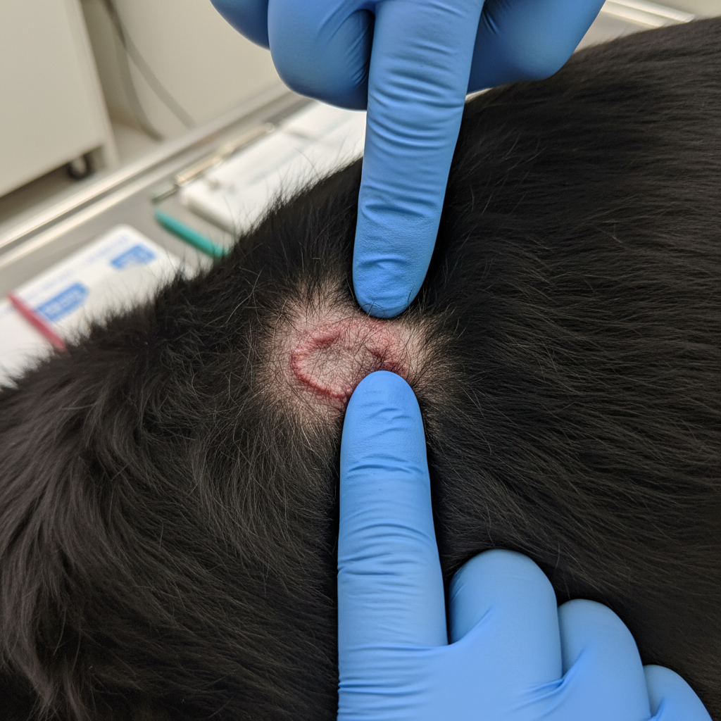 Close-up, 4k photorealistic image of a veterinarian's gloved hand pointing to a small, circular patch of hair loss with scaly skin on a black dog’s fur, clearly showing the signs of ringworm.