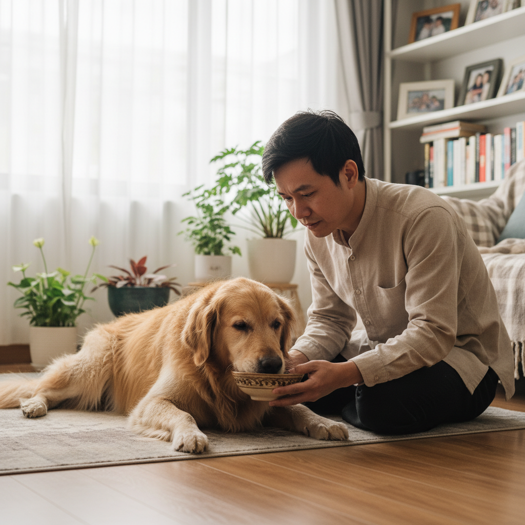 Photorealistic, 4K, eye-level shot. A Vietnamese man is kneeling on the floor, carefully offering a small bowl of fresh water to his sick Golden Retriever. The dog is drinking weakly but willingly. The scene is in a home setting, showing care and concern.