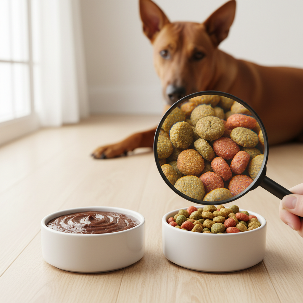 A bright, clean, real-life photo showing two bowls of pet food side-by-side. One bowl contains rich, moist pate, and the other contains dry kibble. A magnifying glass is held over the kibble, highlighting its texture. An out-of-focus background shows a healthy-looking Vietnamese cat or dog. 4K resolution.