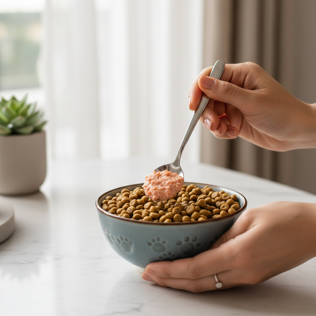 A close-up, photorealistic 4k shot of a Vietnamese pet owner's hands using a small spoon to mix a portion of salmon pate into a bowl of premium dry kibble. The background is a clean home environment.
