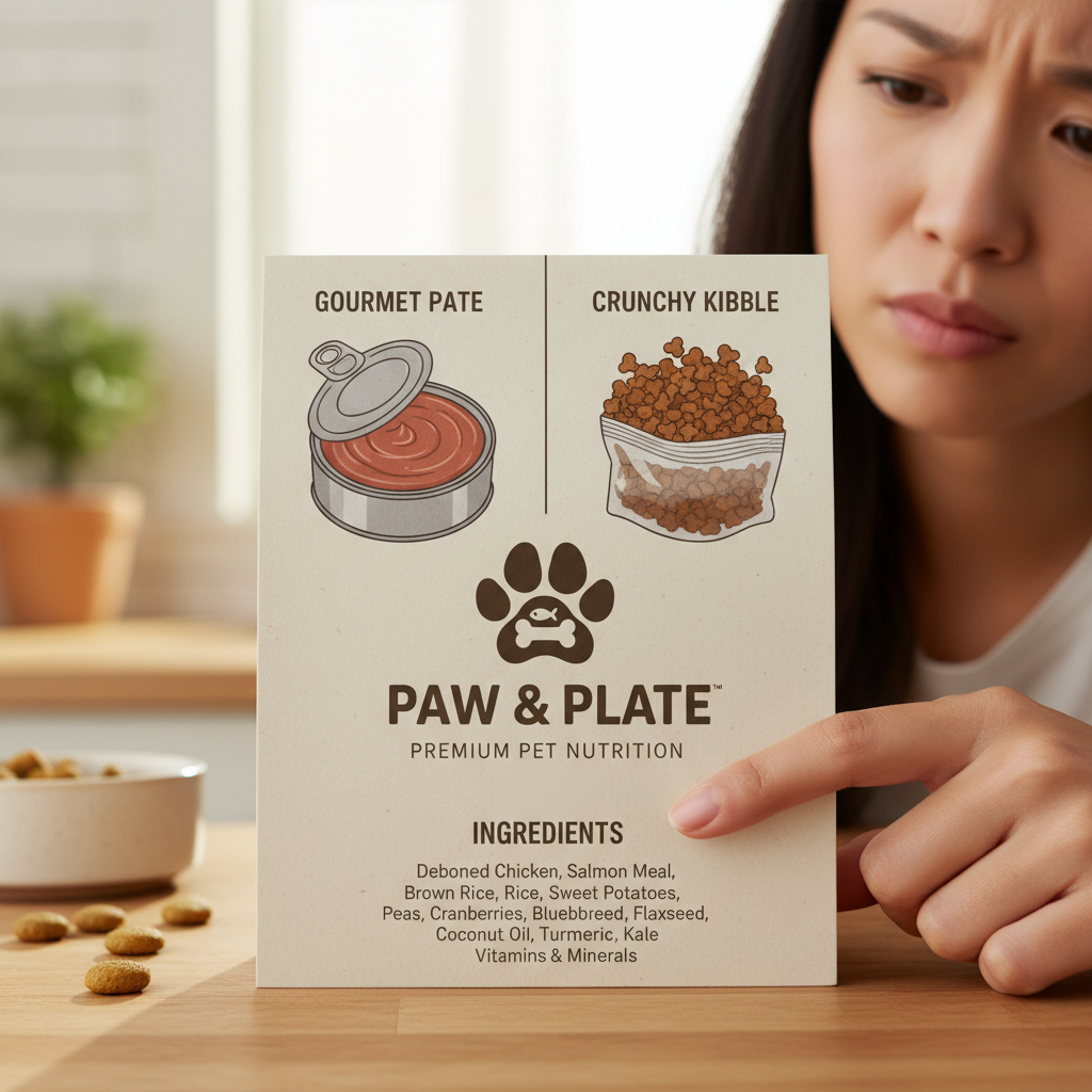 A photorealistic, 4K close-up shot of a pet food label, half showing a can of pate and half showing a bag of dry kibble. An Asian pet owner's hand is pointing at the ingredients list, looking contemplative. Soft, natural lighting.