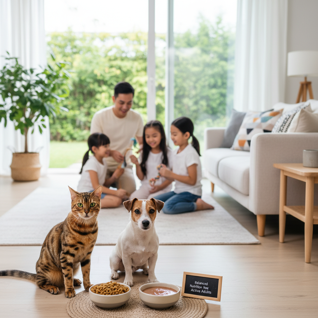 A photorealistic image of a healthy adult Bengal cat and a lean Jack Russell Terrier in a modern living room. Next to them are bowls filled with high-quality adult dry kibble and wet pate, employing balanced nutrition for active adult pets. A Vietnamese family is playing with them in the background.