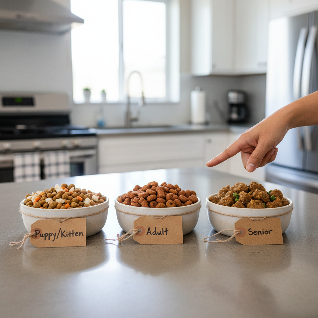 Photorealistic 4k shot of three separate bowls of pet food, clearly labeled 'Puppy/Kitten', 'Adult', and 'Senior'. The background is a clean, bright kitchen setting. The food in each bowl looks different in kibble size and texture, representing specialized nutrition. A Vietnamese pet owner's hand is seen pointing towards the bowls.