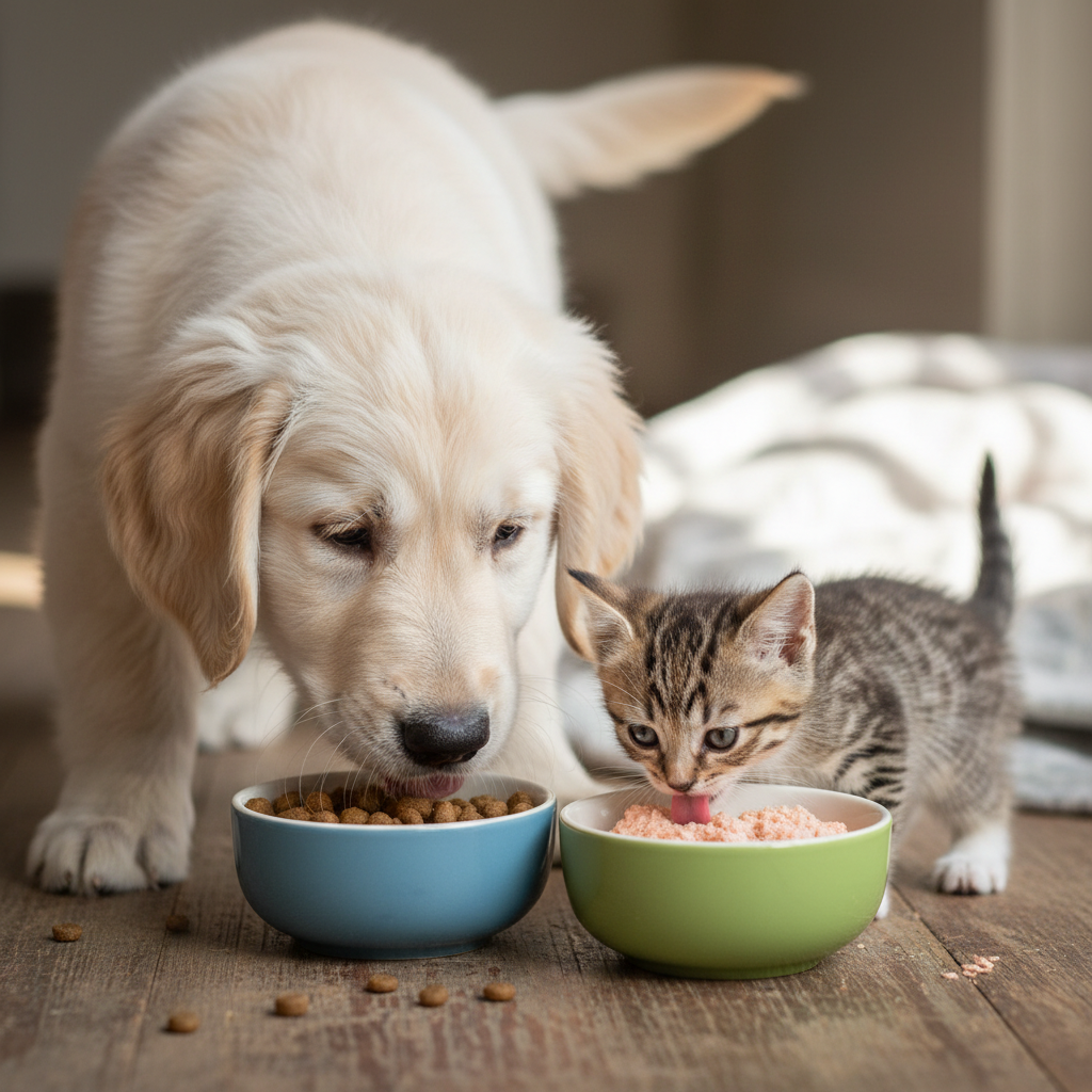 A heart-warming, realistic photo of a fluffy Golden Retriever puppy and a small Vietnamese kitten eating together from their separate bowls. The bowls contain age-appropriate small kibble and soft pate. The lighting is soft and natural.