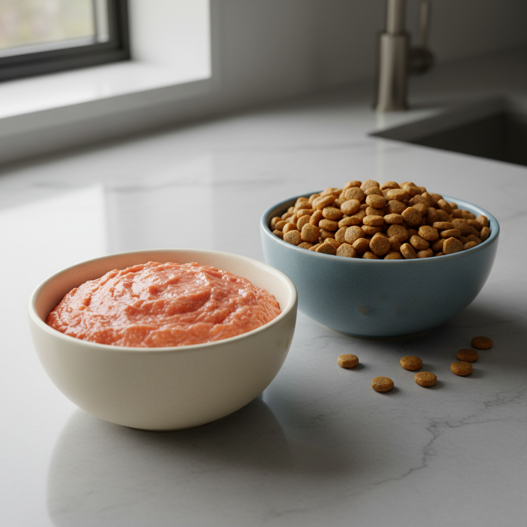 Photorealistic 4k shot of two separate, clean ceramic bowls for a cat on a modern kitchen counter. One bowl is filled with high-quality salmon pate and the other with premium dry kibble. Natural, bright side lighting highlighting the textures of the food.