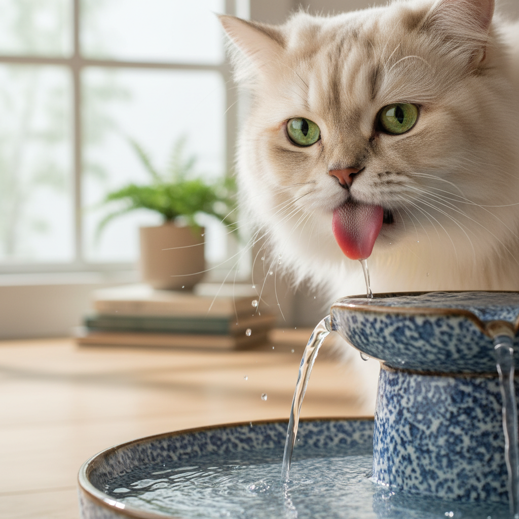 Real-life, 4k photo of a beautiful domestic cat lapping water from a ceramic water fountain indoors. The focus is on the cat's tongue and the fresh, flowing water. Soft, natural window light creates a calm atmosphere.