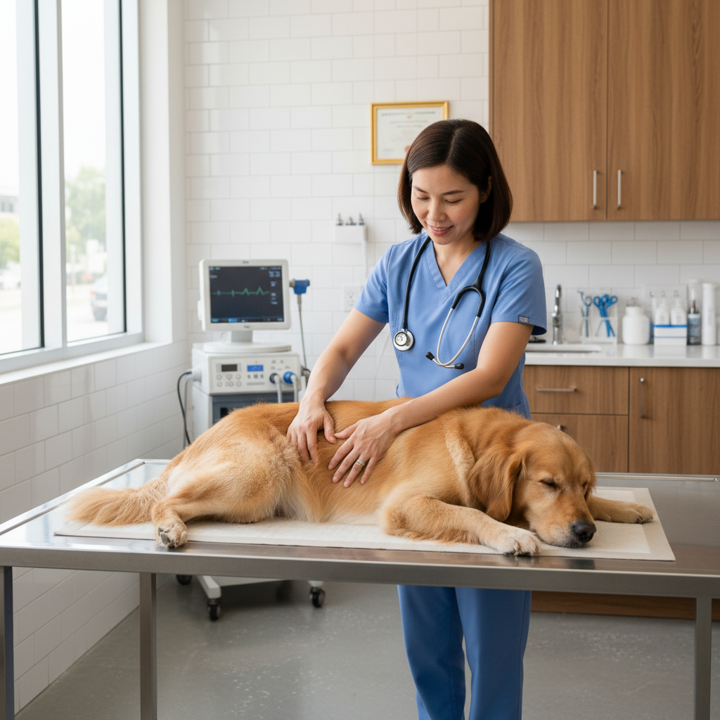 Photorealistic, 4k image of a compassionate female Vietnamese veterinarian in her 30s, wearing scrubs, gently palpating the abdomen of a calm Golden Retriever dog on an examination table. The clinic is bright, modern, and professional.