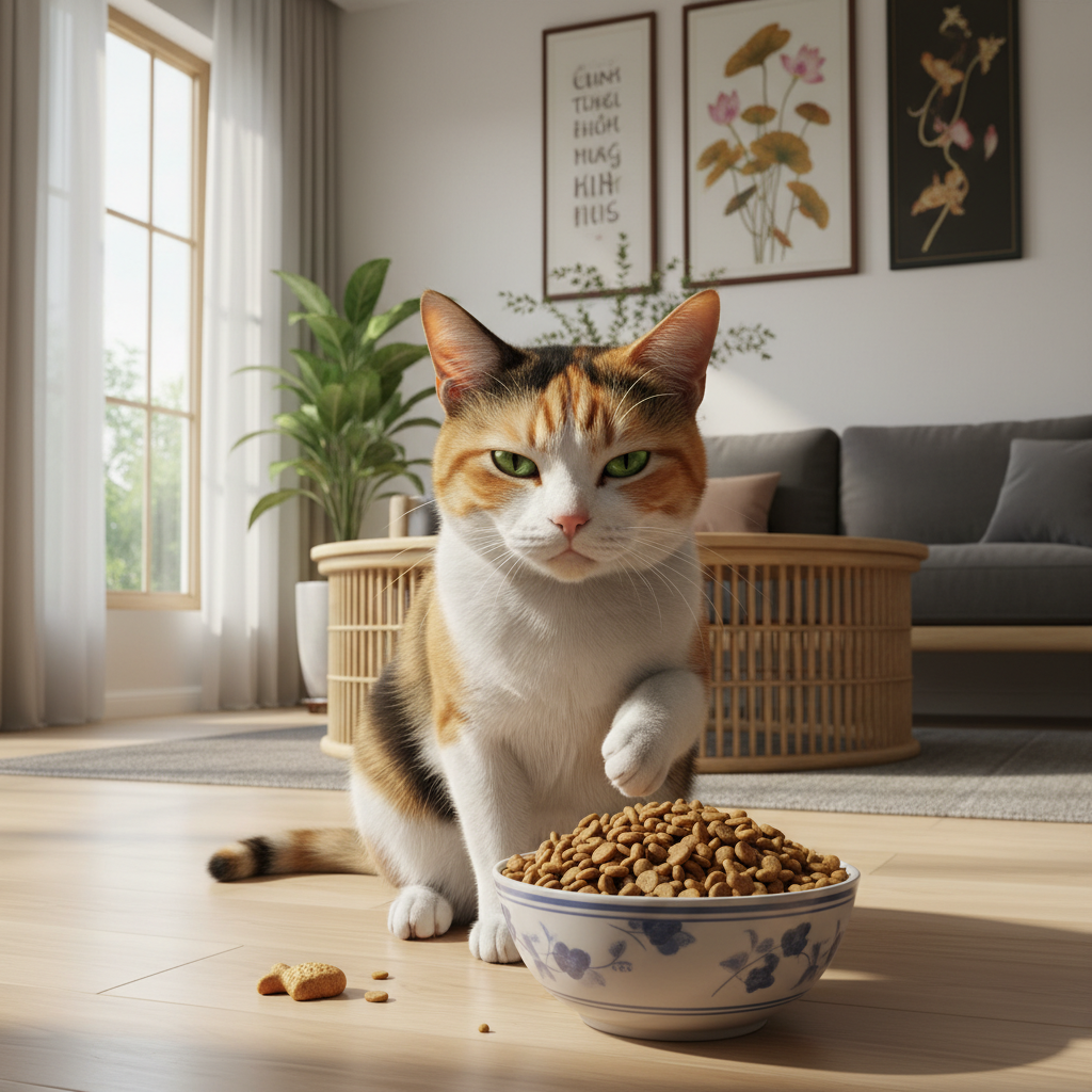 A photorealistic, 4k image of a beautiful domestic shorthair cat looking disdainfully at a full bowl of dry kibble. The cat is sitting next to the bowl, with a picky expression. The background is a clean, modern Vietnamese home interior.