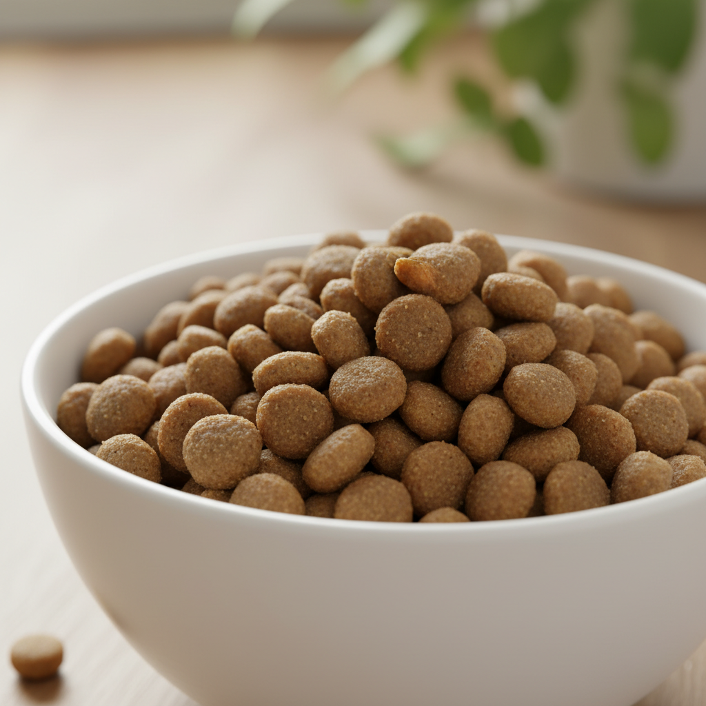 Macro photograph, 4k, of high-quality, grain-free cat kibble in a clean, white bowl. The focus is sharp on the texture of the kibble pieces. The background is slightly blurred.
