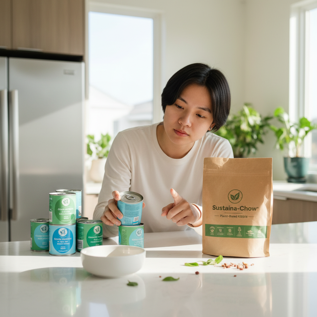 Photorealistic 4K image of a modern, bright kitchen counter with a variety of eco-friendly pet food options. On one side, there are recyclable aluminum cans of pate and on the other, a large paper-based bag of dry kibble. A young Vietnamese person's hands are seen carefully considering both options.