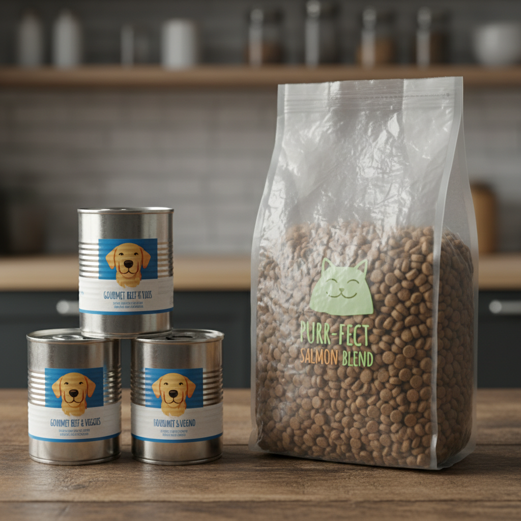 Close-up, 4K photorealistic shot comparing pet food packaging side-by-side. On the left, a stack of clean, shiny aluminum pet food cans. On the right, a large, multi-layered plastic bag for dry kibble. The lighting highlights the textures of the different materials.