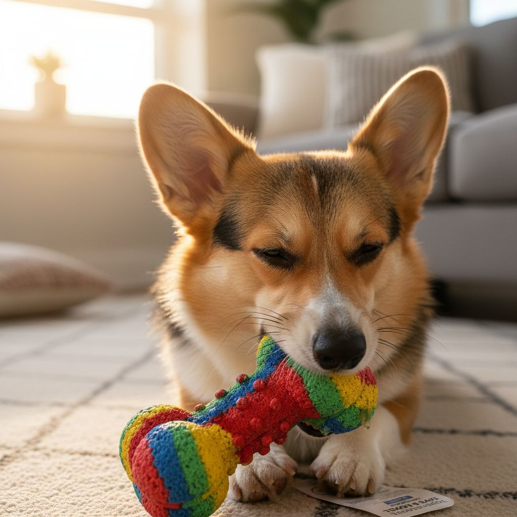 A photorealistic, 4k close-up shot of a colorful, durable HDPE plastic pet toy being happily chewed by a beautiful Corgi in a sunlit living room. The focus is on the texture and safety of the toy.