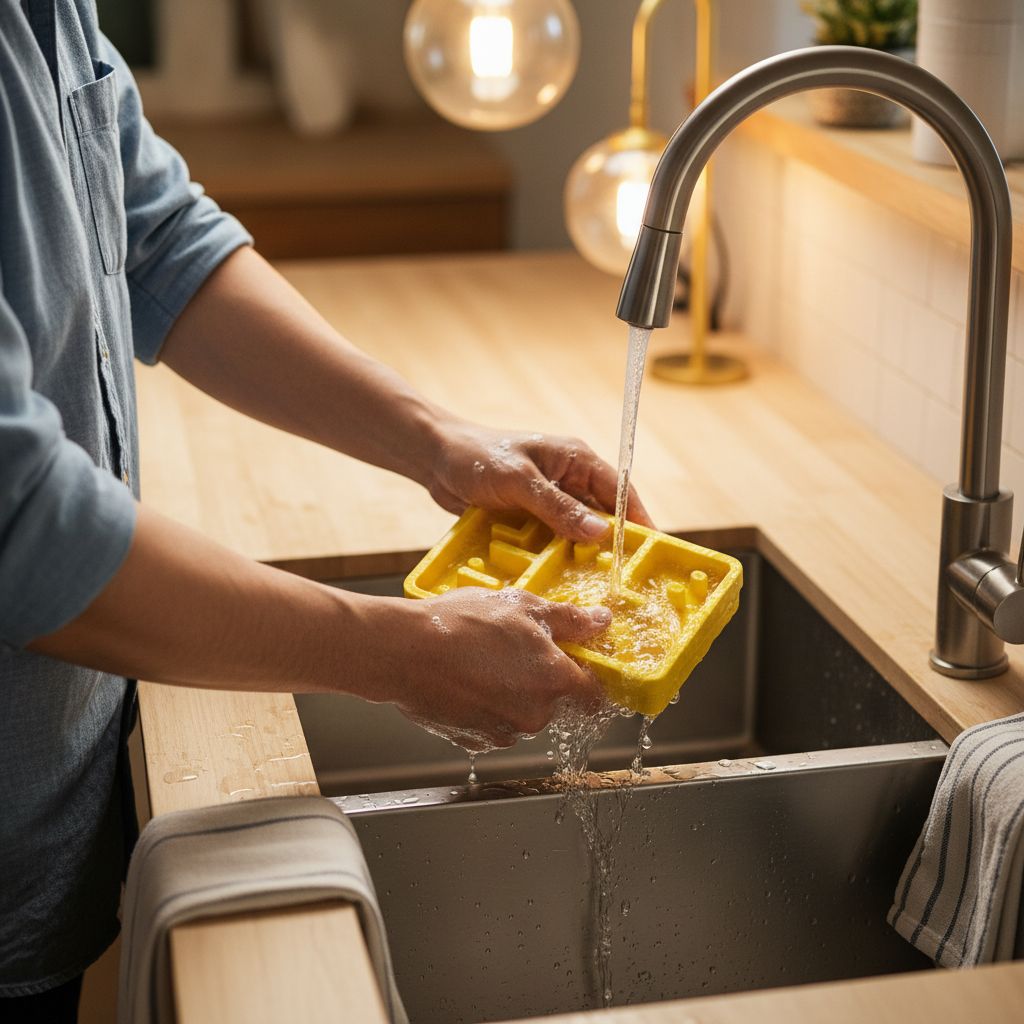 Over-the-shoulder shot of an Asian man's hands gently scrubbing a yellow HDPE dog puzzle toy in a stainless steel kitchen sink. Soapy bubbles and running water are visible. The scene is warm and domestic. Photorealistic, real-life, 4k.