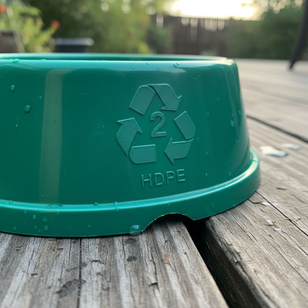 Macro shot focusing on the bottom of a clean, green HDPE plastic pet water bowl. The number '2' recycling symbol is clearly visible and in sharp focus. The bowl sits on a rustic wooden patio deck. Photorealistic, high detail, 4k.