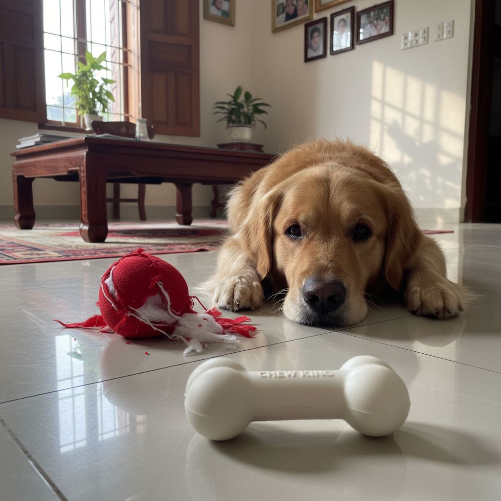 Photorealistic shot of a sad-looking Golden Retriever lying on the floor next to a completely shredded red ball toy with stuffing coming out. In the foreground, a new, pristine, bone-shaped HDPE toy sits untouched, suggesting a better alternative. The scene is in a typical Vietnamese family home.