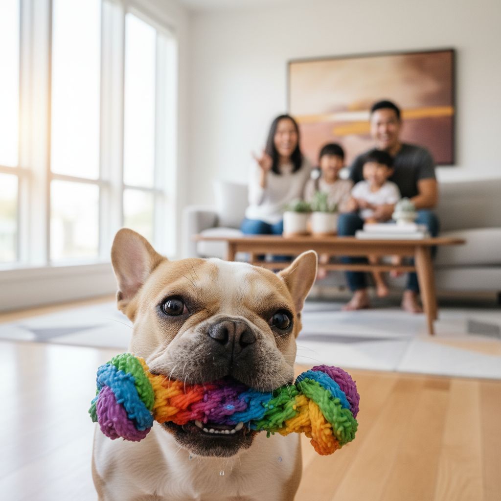 A photorealistic, 4K image of a cheerful French Bulldog intensely chewing on a brightly colored, durable plastic toy. The dog is in a modern, sunlit living room with a Vietnamese family watching happily in the background.