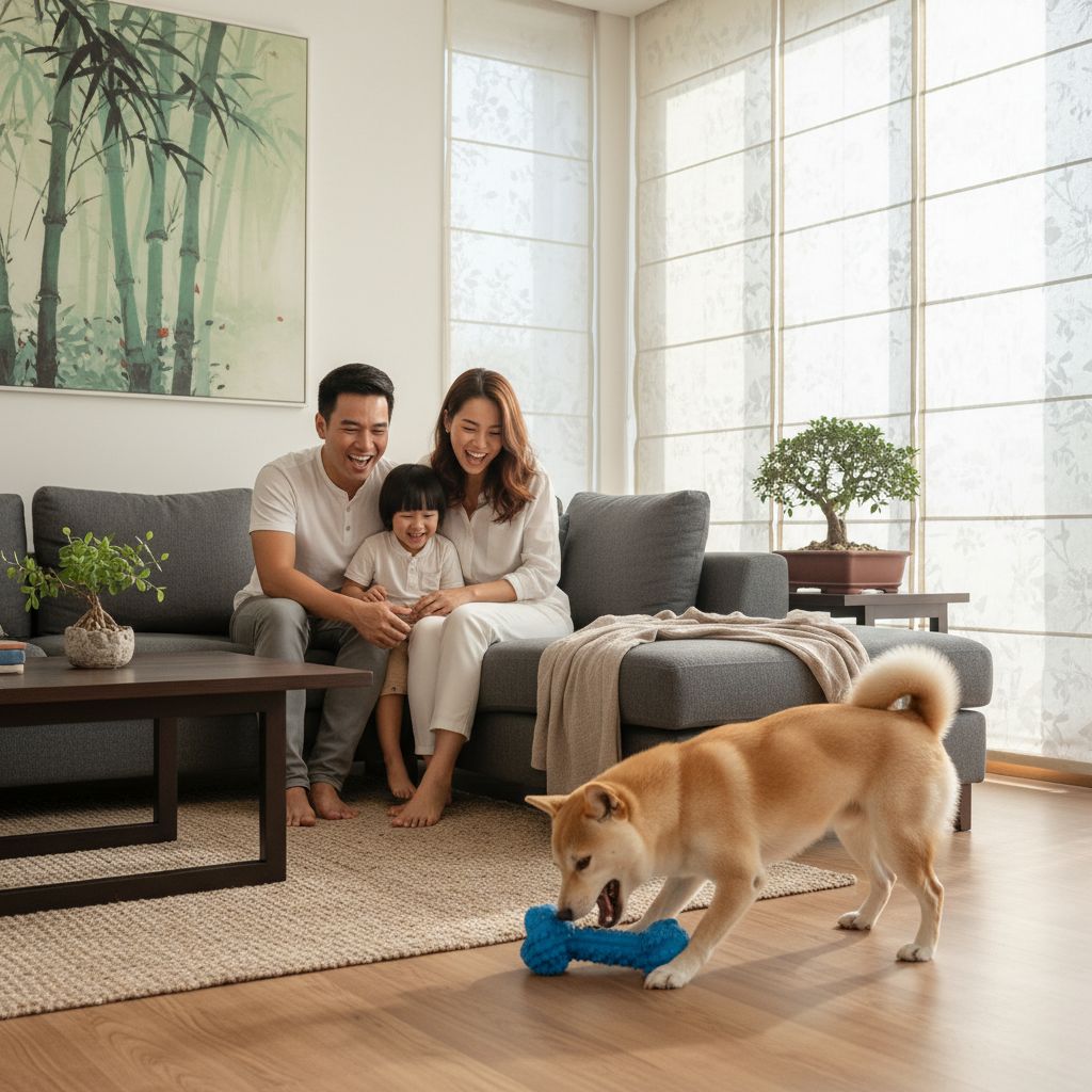 Photorealistic, 4K, wide shot of a happy Vietnamese family (parents and a child) sitting on a sofa, smiling as they watch their energetic Shiba Inu dog intensely chewing on a durable HDPE toy on the living room floor. The room is decorated in a modern Asian style.
