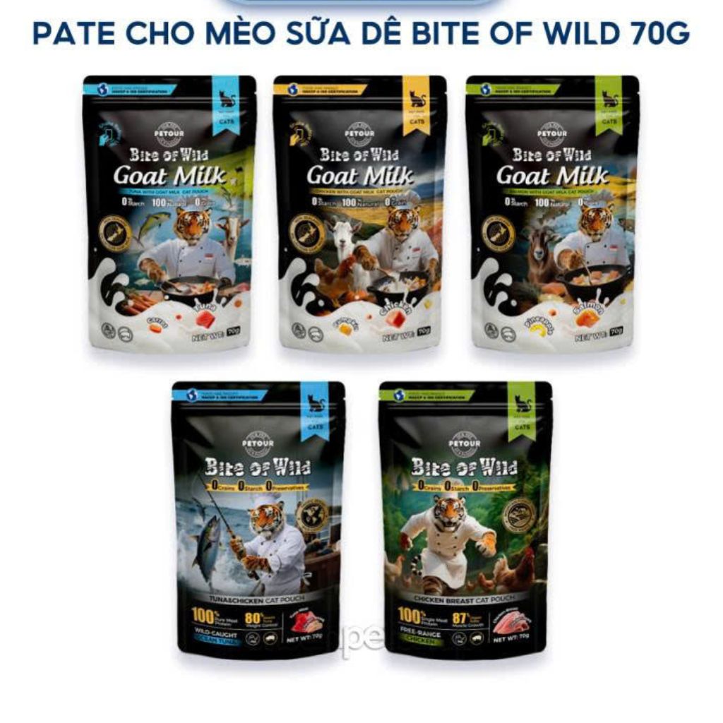 Pate sữa dê cao cấp Bite of Wild bịch 70g, mèo từ 2 tháng tuổi