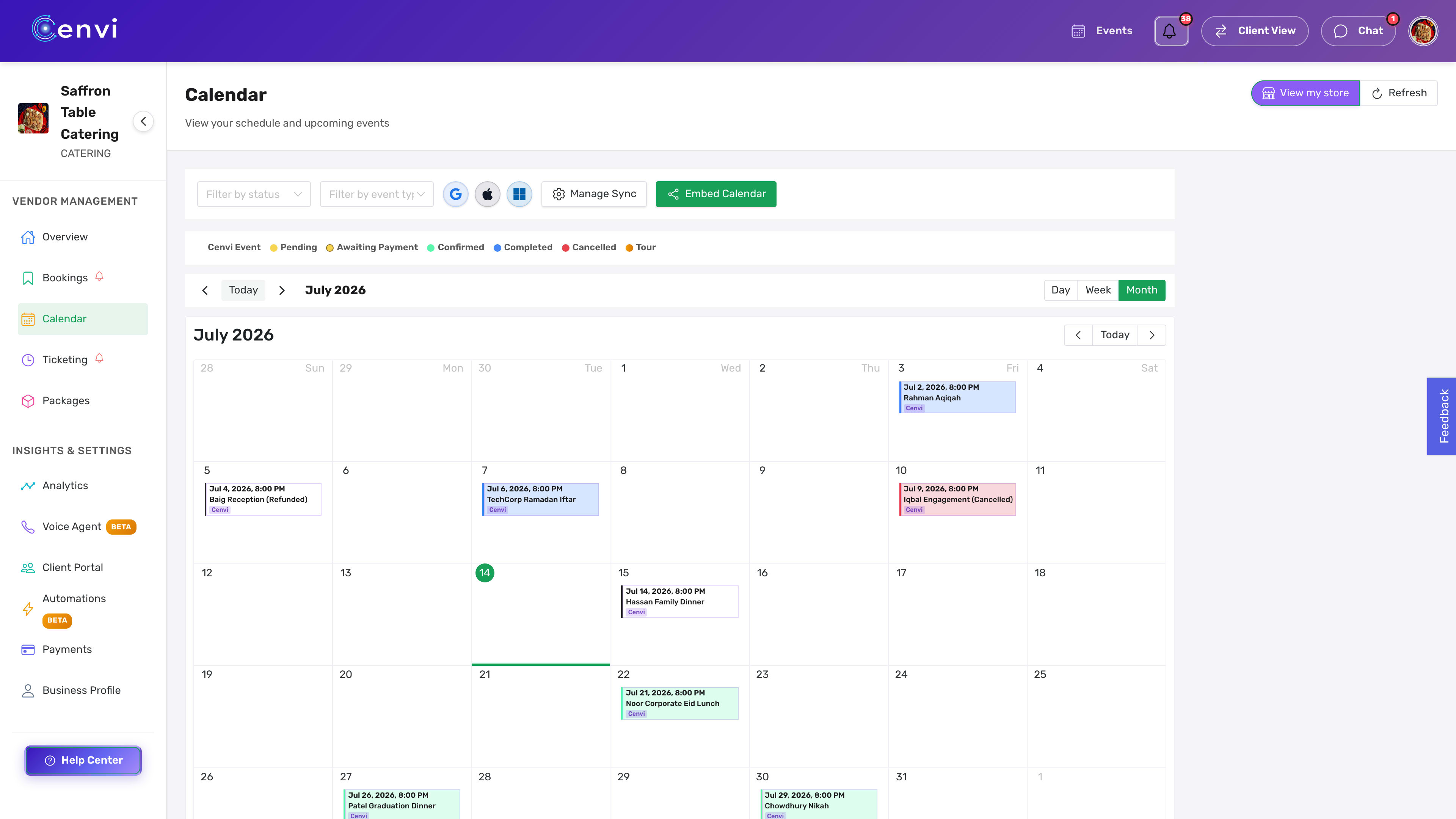 One booking file: calendar, contract, deposit, and messages together.