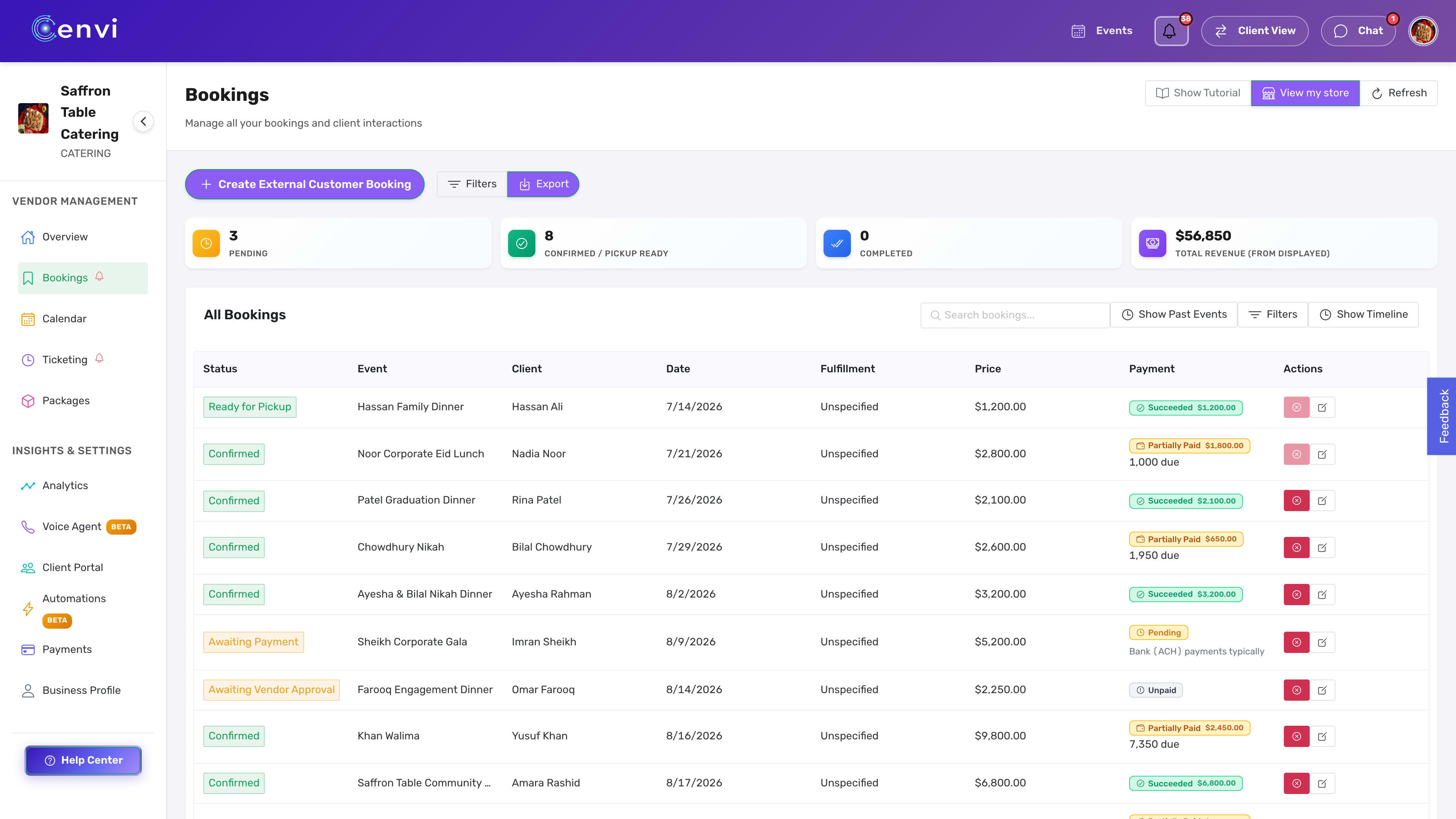 Bookings list showing a pending, confirmed, and paid spread.
