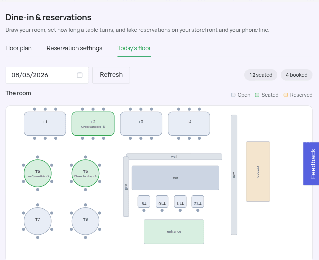 Table inspector: seats, min and max party, and combinable tables, with the room's table, seat, and covers-per-turn totals.