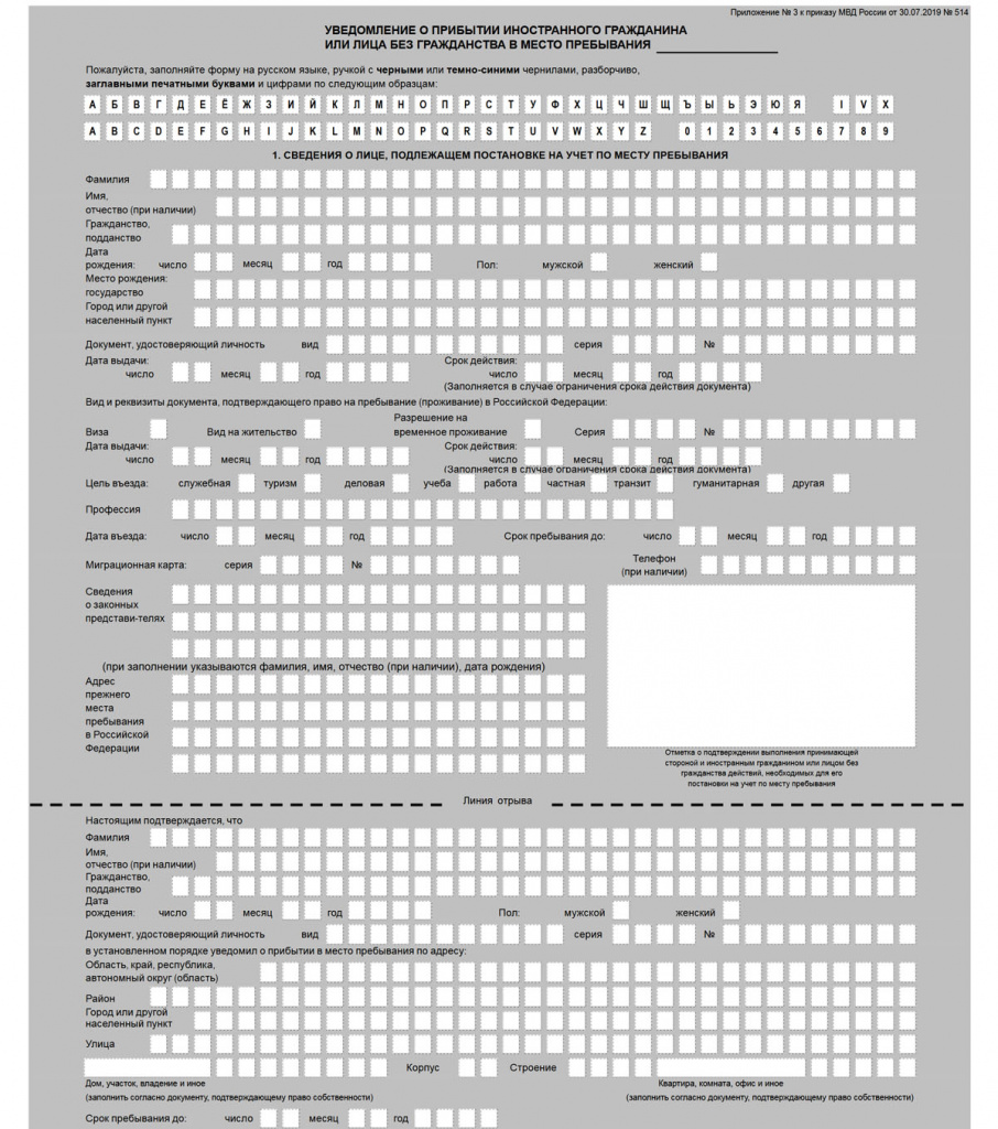 Уведомления о пребывании иностранного гражданина или лица без гражданства в место пребывания образец