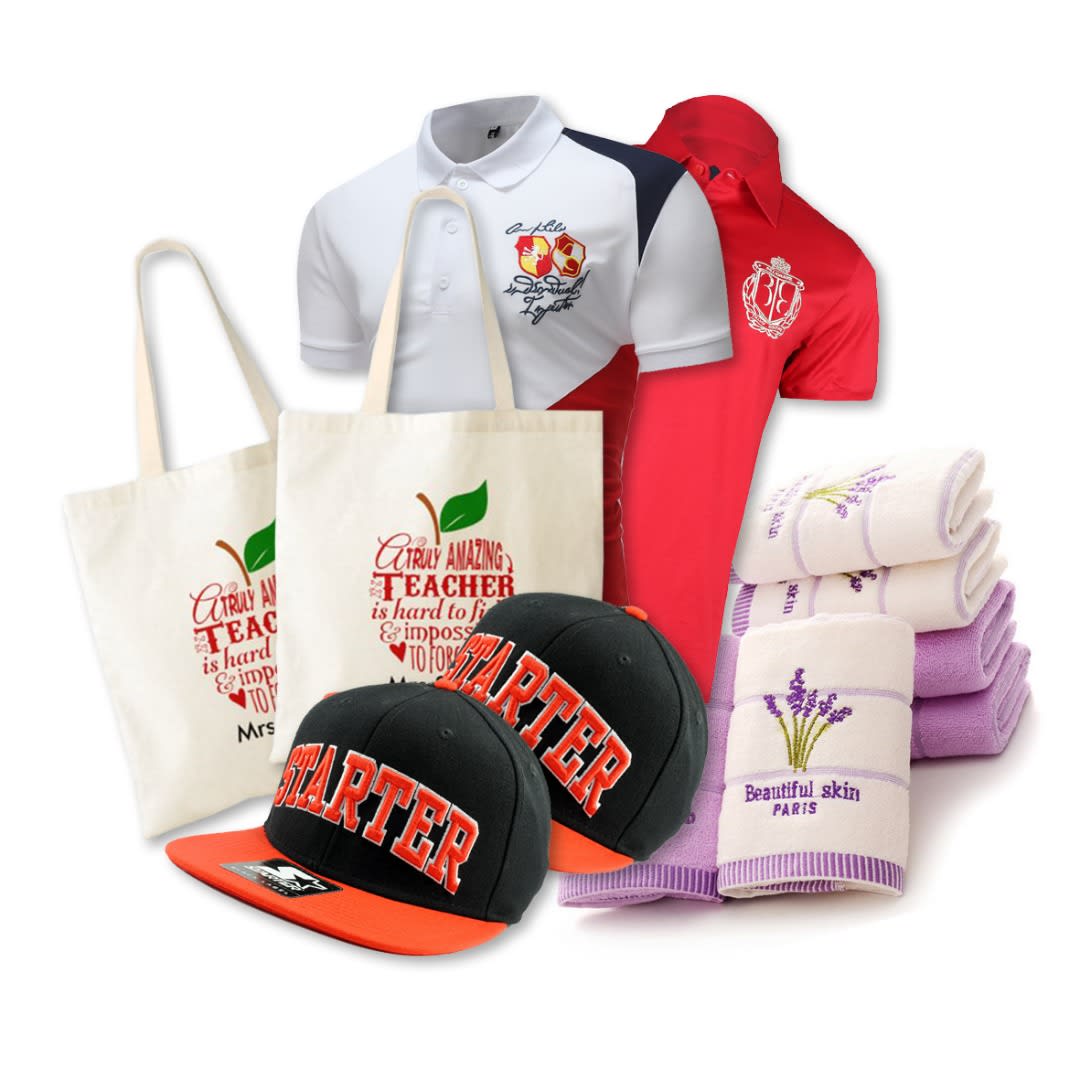Branded promotional products including caps, tote bags, polo shirts and towels