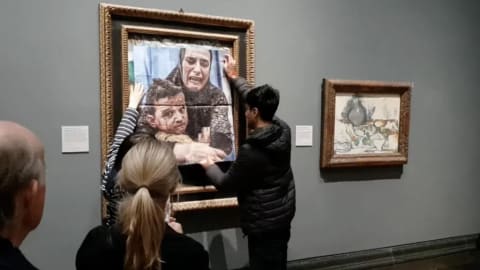 On October 9, 2024, two activists from the protest group Youth Demand targeted Pablo Picasso's 1901 painting Motherhood (La Maternité) at the National Gallery in London by pasting a photograph of a distressed mother and child in Gaza over its protective glass screen. The demonstrators also poured red paint onto the surrounding gallery floor to symbolize bloodshed while calling for a UK arms embargo on Israel. While the painting itself remained entirely undamaged, the incident caused roughly £8,000 in clean-up costs for the venue. In July 2026, both individuals—Jai Halai and Monday-Malachi Rosenfeld—were convicted of criminal damage at Southwark Crown Court and are currently awaiting sentencing.
