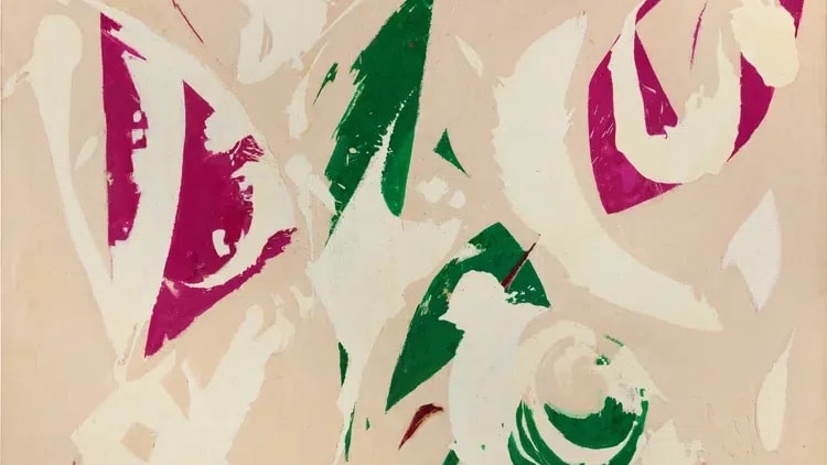 Lee Krasner abstract expressionist painting with sweeping gestural brushstrokes in magenta, green and cream on a tan ground, featured in her first solo exhibition in France at Gagosian Paris.
